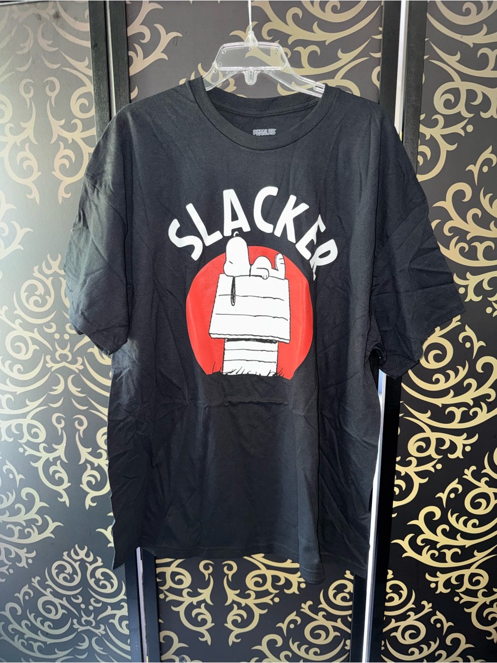 Peanuts Black Short Sleeve Tee with Red & White Snoopy Graphic